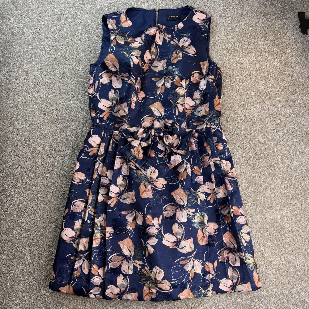 Tahari Arthur S. Levine Dress Womens 14 Blue Floral Sleeveless Fit Flare Belted